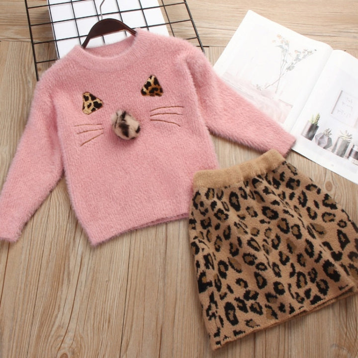 Girl Solid Color Sweater Mink Velvet + Leopard Skirt Two-piece, 90, 100, 110, 120, 130