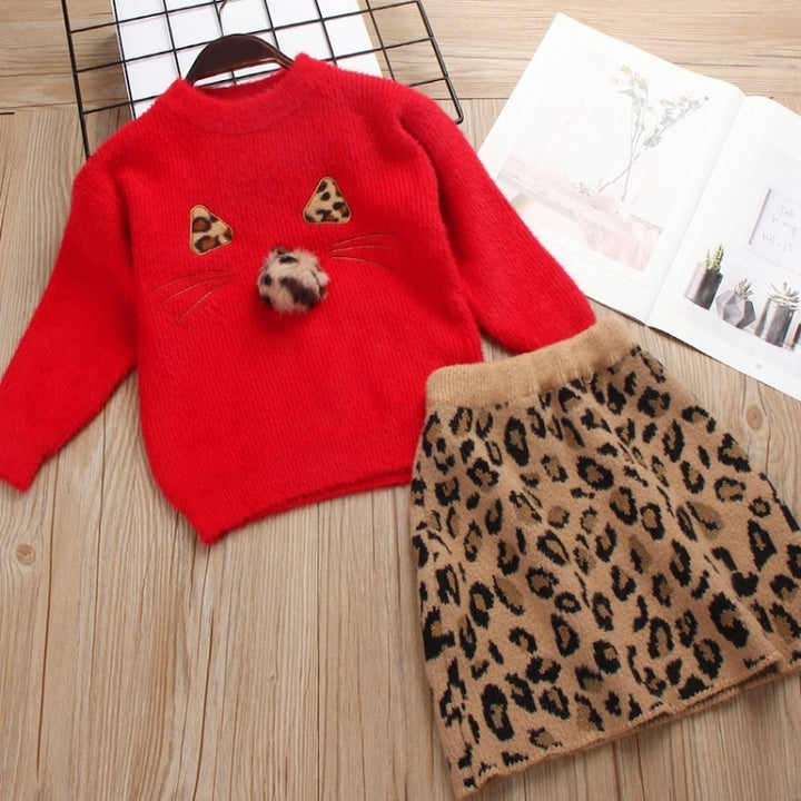 Girl Solid Color Sweater Mink Velvet + Leopard Skirt Two-piece, 90, 100, 110, 120, 130