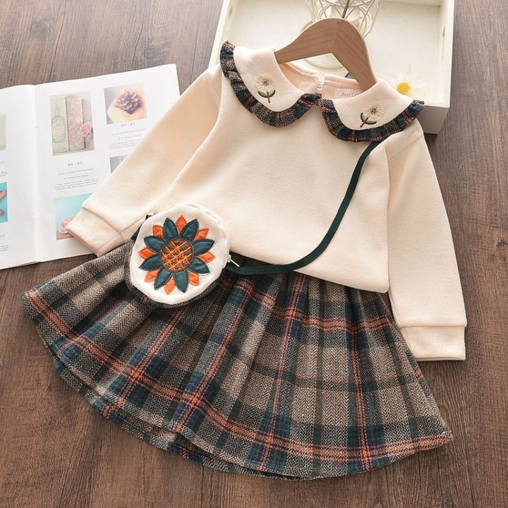 Plaid Top + Pleated Half-length Princess Skirt Two-piece Suit, 100, 110, 120, 130, 140