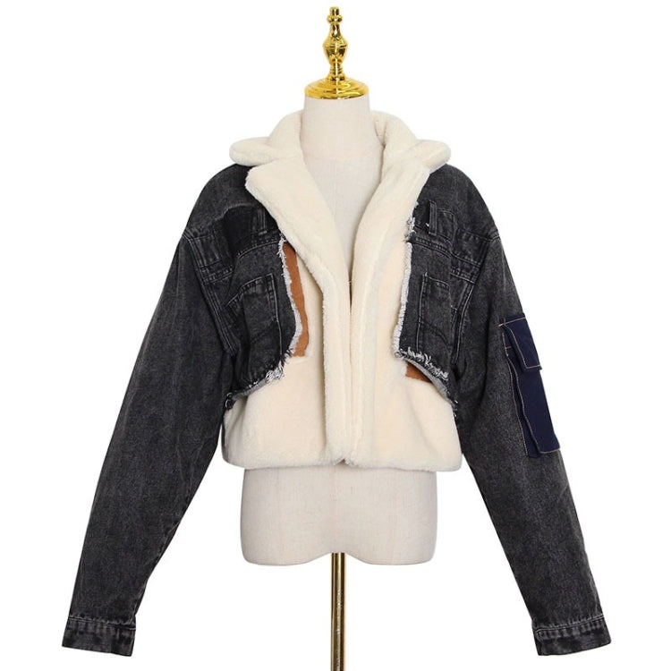 Plush Thick Denim Stitching Lamb Fur Lapel Cotton Jacket, S, M, L, XL, XXL