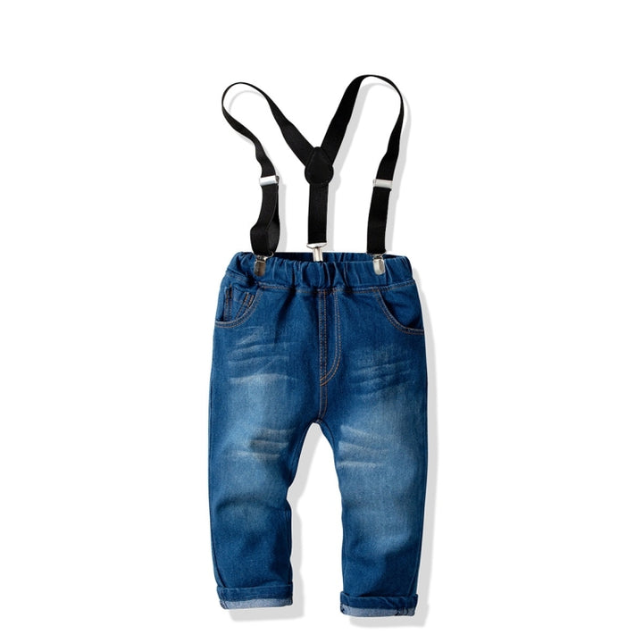 Children Long-sleeved Shirt + Denim Suspenders And Trousers Two-piece Suit, 80, 90, 100, 110, 120, 130