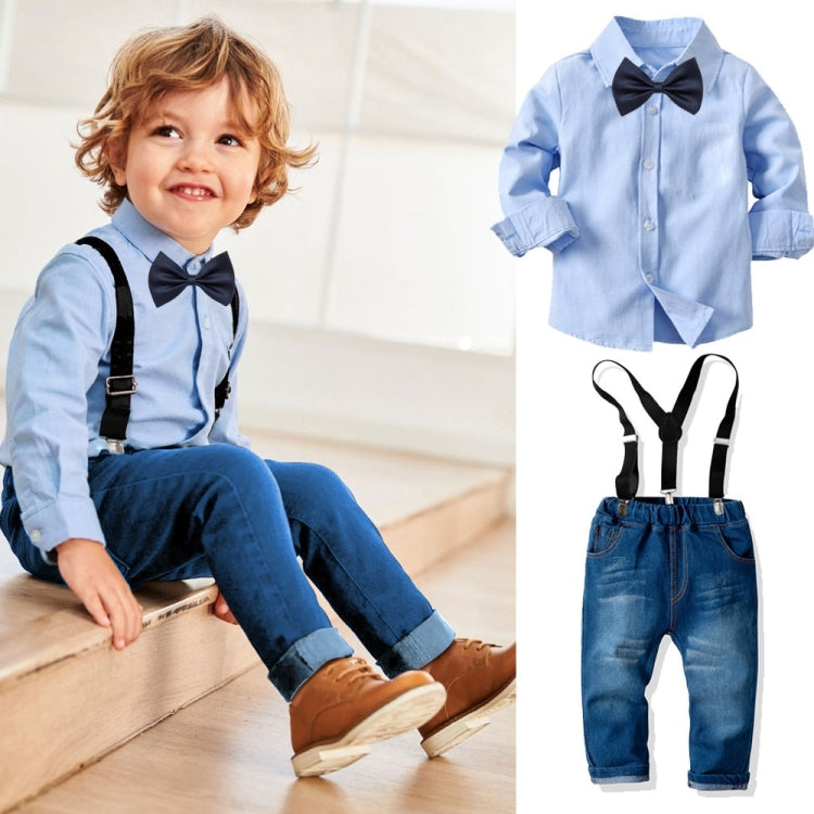 Children Long-sleeved Shirt + Denim Suspenders And Trousers Two-piece Suit, 80, 90, 100, 110, 120, 130