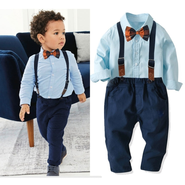 Boys Cotton Long-sleeved Shirt + Suspenders Trousers Suit, 80, 90, 100, 110, 120, 130