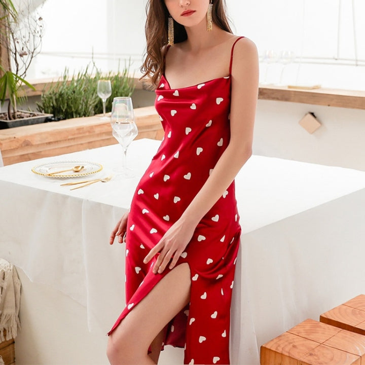 Summer Love-heart Pattern Nightdress Imitation Silk Long Suspender Dress for Ladies, M, L, Xl, Xxl