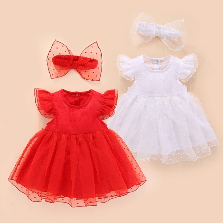 Girls Short-sleeved Mesh Dress With Bow, 50, 60, 70, 80