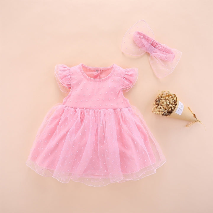 Girls Short-sleeved Mesh Dress With Bow, 50, 60, 70, 80