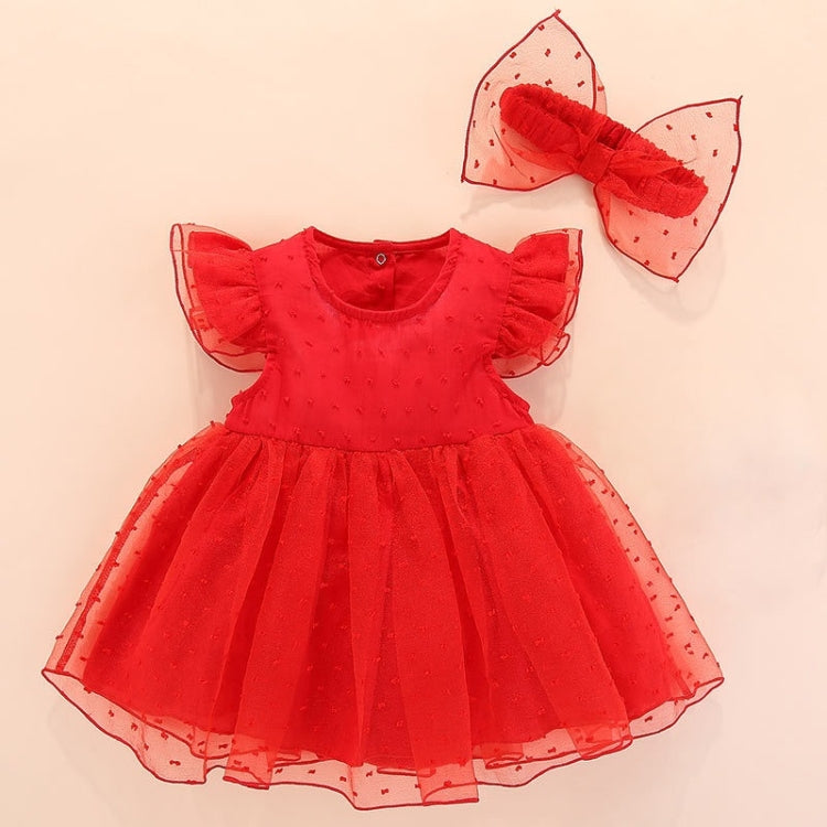 Girls Short-sleeved Mesh Dress With Bow, 50, 60, 70, 80