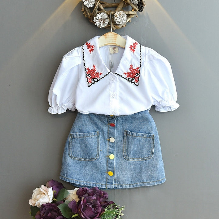 Girls Denim Skirt Casual Embroidered Short Sleeve Shirt Two-piece, 90, 100, 110, 120, 130