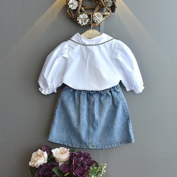 Girls Denim Skirt Casual Embroidered Short Sleeve Shirt Two-piece, 90, 100, 110, 120, 130