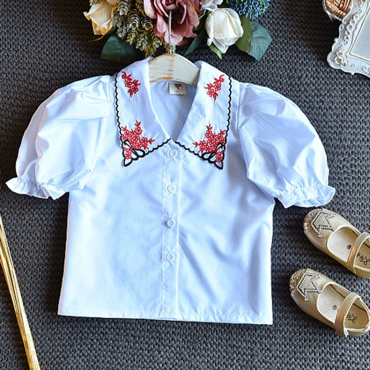 Girls Denim Skirt Casual Embroidered Short Sleeve Shirt Two-piece, 90, 100, 110, 120, 130