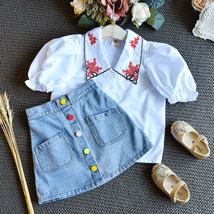 Girls Denim Skirt Casual Embroidered Short Sleeve Shirt Two-piece, 90, 100, 110, 120, 130