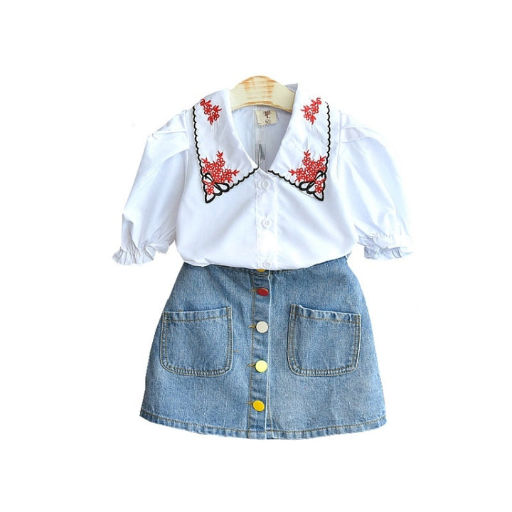 Girls Denim Skirt Casual Embroidered Short Sleeve Shirt Two-piece, 90, 100, 110, 120, 130