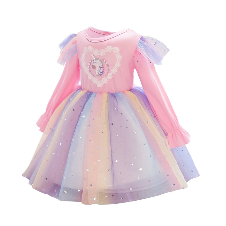 Children Dress With Flying Sleeves Rainbow Sequined Mesh Princess Dress, 100, 110, 120, 130, 140, 150