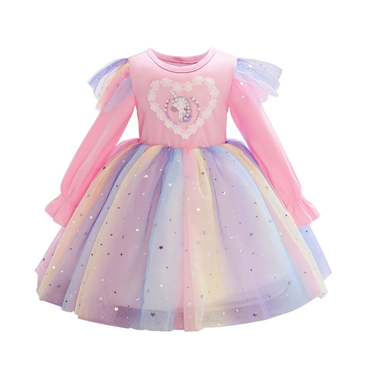 Children Dress With Flying Sleeves Rainbow Sequined Mesh Princess Dress, 100, 110, 120, 130, 140, 150