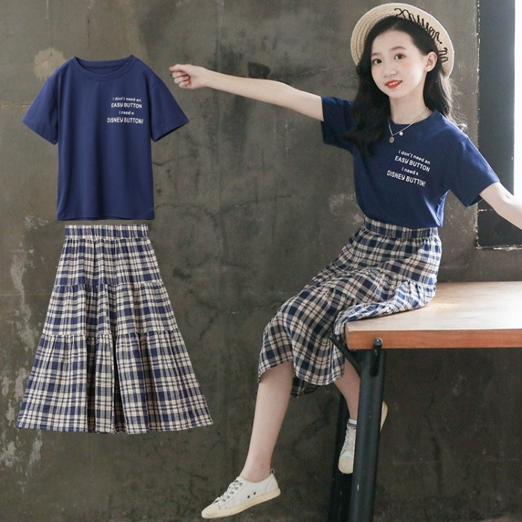 Girls Short Sleeve + Plaid Skirt Two-piece Suit, 110, 120, 130, 140, 150, 160