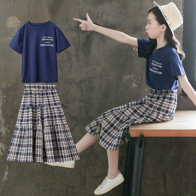 Girls Short Sleeve + Plaid Skirt Two-piece Suit, 110, 120, 130, 140, 150, 160