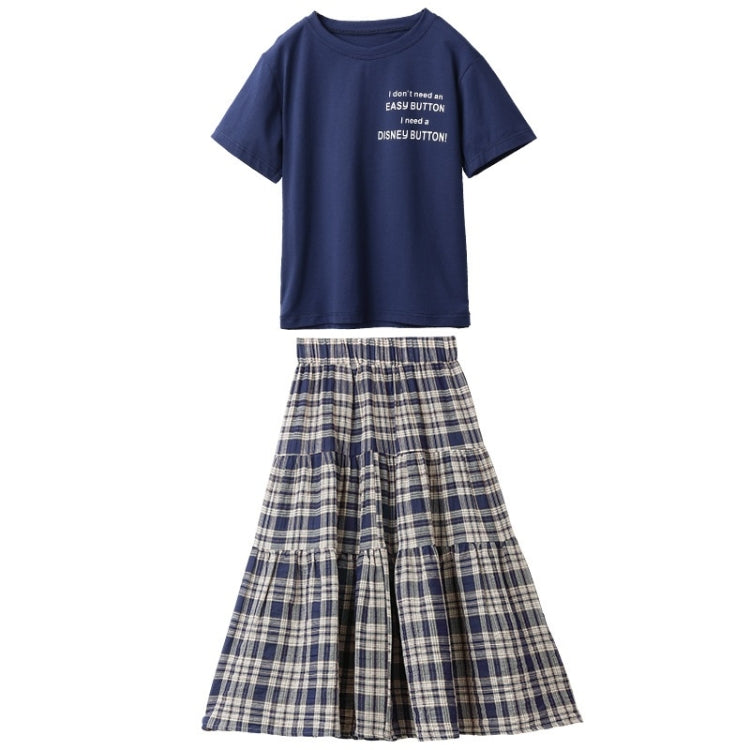 Girls Short Sleeve + Plaid Skirt Two-piece Suit, 110, 120, 130, 140, 150, 160