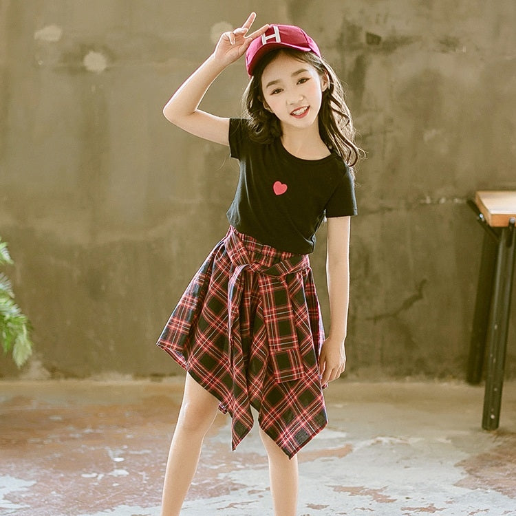 Girls Short Sleeve Top + Skirt Two-piece Suit, 110, 120, 130, 140, 150, 160, 170