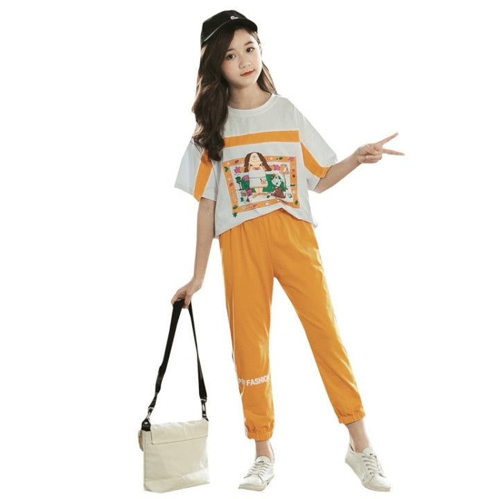 Girls Short-sleeved Blouse + Two-piece Casual Trousers, 110, 120, 130, 140, 150, 160