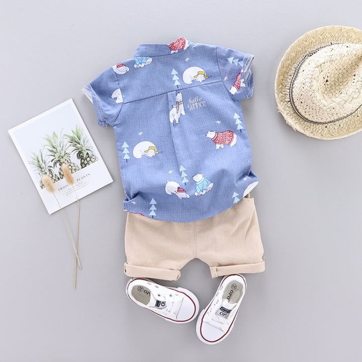 Summer Kids Leather Label Bear Shirt Short Sleeve Two-piece Suit, 80, 90, 100, 110