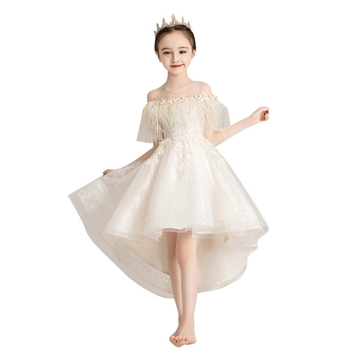 Round Neck Strapless Front Short Back Long Lace Princess Dress Pettiskirt Performance Formal Dress for Girls, 100cm, 110cm, 120cm, 130cm, 140cm, 150cm, 160cm