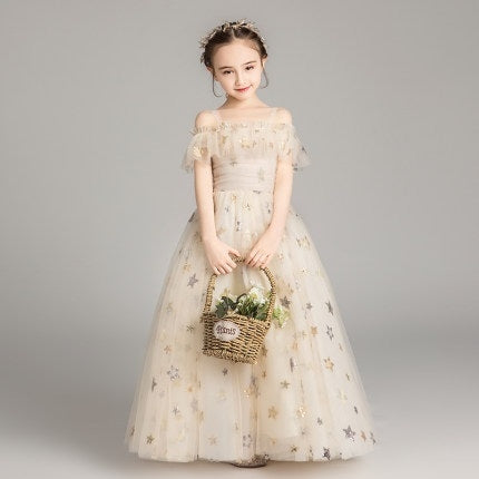 Long Five-pointed Star Pattern Lace Princess Dress Pettiskirt Performance Formal Dress for Girls, 100cm, 110cm, 120cm, 130cm, 140cm, 150cm, 160cm