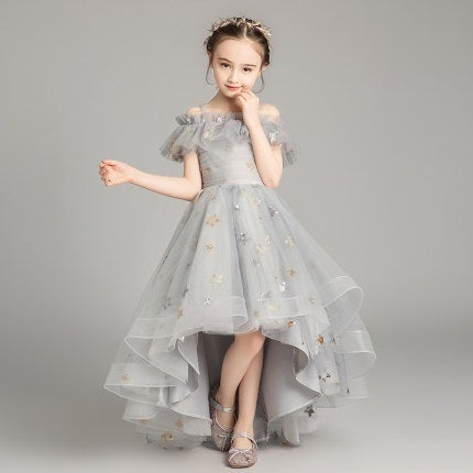 Five-pointed Star Pattern Short Front and Long Back Lace Princess Dress Pettiskirt Performance Formal Dress for Girls, 100cm, 110cm, 120cm, 130cm, 140cm, 150cm, 160cm