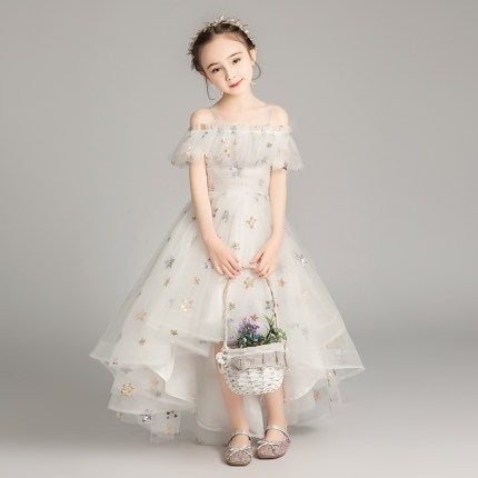 Five-pointed Star Pattern Short Front and Long Back Lace Princess Dress Pettiskirt Performance Formal Dress for Girls, 100cm, 110cm, 120cm, 130cm, 140cm, 150cm, 160cm