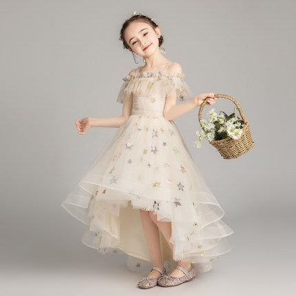 Five-pointed Star Pattern Short Front and Long Back Lace Princess Dress Pettiskirt Performance Formal Dress for Girls, 100cm, 110cm, 120cm, 130cm, 140cm, 150cm, 160cm