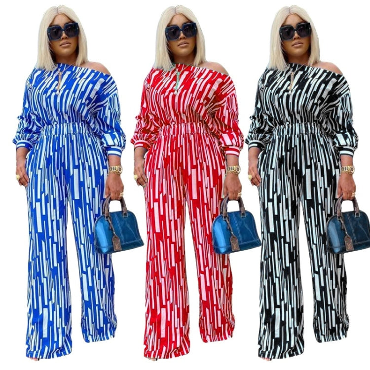 Large Size Striped Printing Oblique Long-sleeved Shoulder Loose Fashion Casual Suit, L, XL, XXL, XXXL, XXXXL