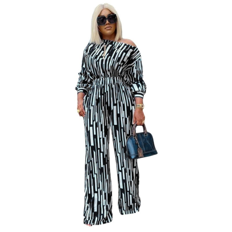 Large Size Striped Printing Oblique Long-sleeved Shoulder Loose Fashion Casual Suit, L, XL, XXL, XXXL, XXXXL