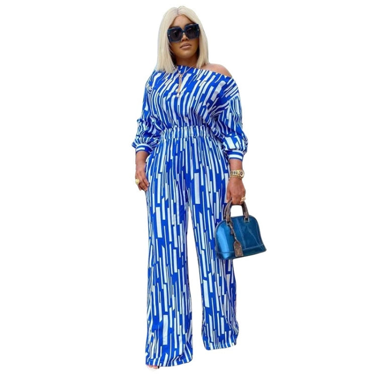 Large Size Striped Printing Oblique Long-sleeved Shoulder Loose Fashion Casual Suit, L, XL, XXL, XXXL, XXXXL