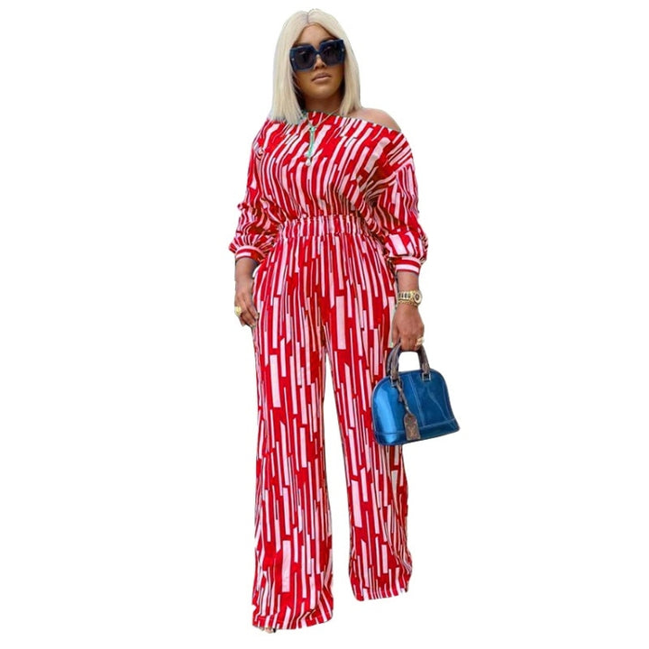 Large Size Striped Printing Oblique Long-sleeved Shoulder Loose Fashion Casual Suit, L, XL, XXL, XXXL, XXXXL