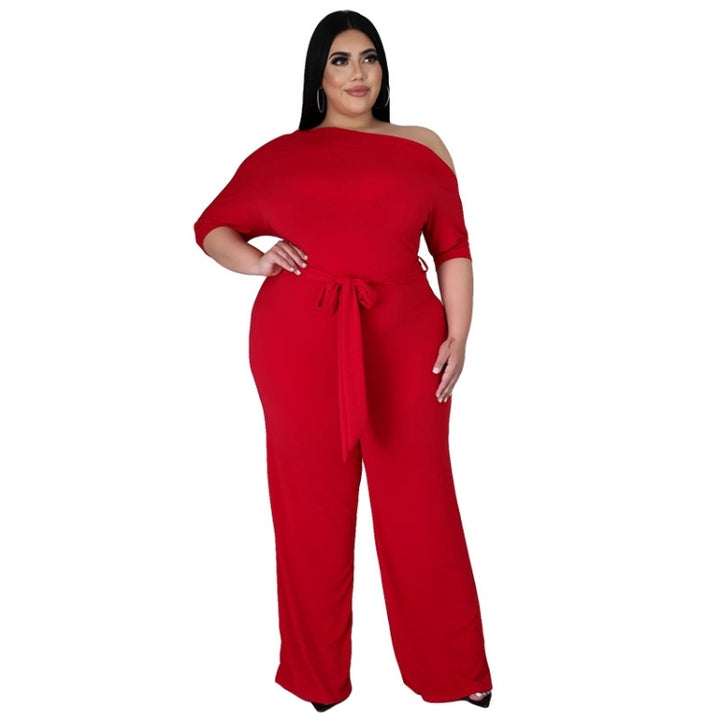 Solid Color Oblique Shoulder Strap Jumpsuit Wide-leg Pants, L, XL, XXL, XXXL, XXXXL