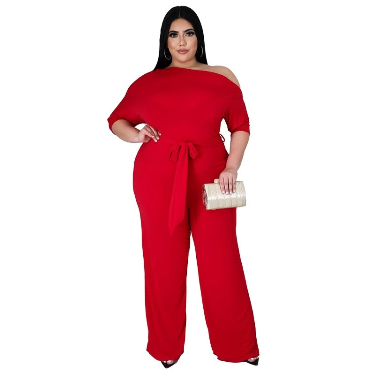 Solid Color Oblique Shoulder Strap Jumpsuit Wide-leg Pants, L, XL, XXL, XXXL, XXXXL