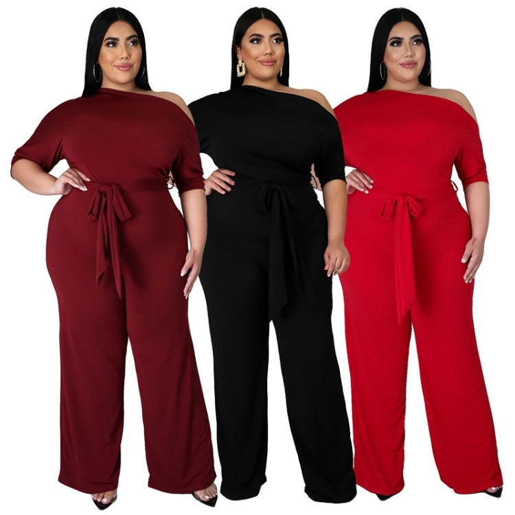 Solid Color Oblique Shoulder Strap Jumpsuit Wide-leg Pants, L, XL, XXL, XXXL, XXXXL