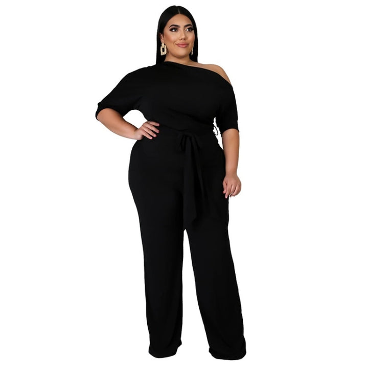 Solid Color Oblique Shoulder Strap Jumpsuit Wide-leg Pants, L, XL, XXL, XXXL, XXXXL