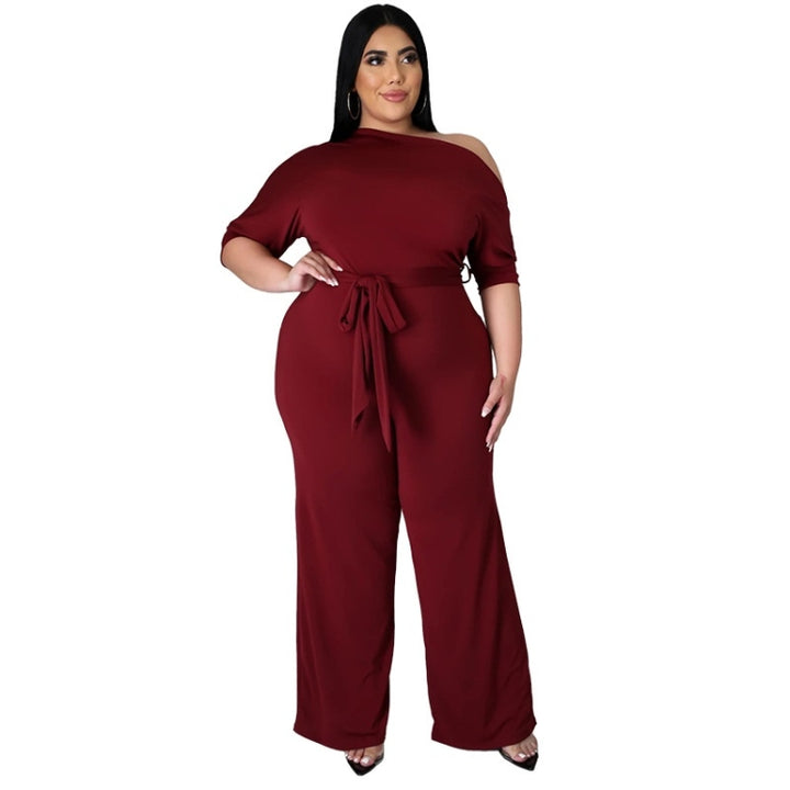 Solid Color Oblique Shoulder Strap Jumpsuit Wide-leg Pants, L, XL, XXL, XXXL, XXXXL