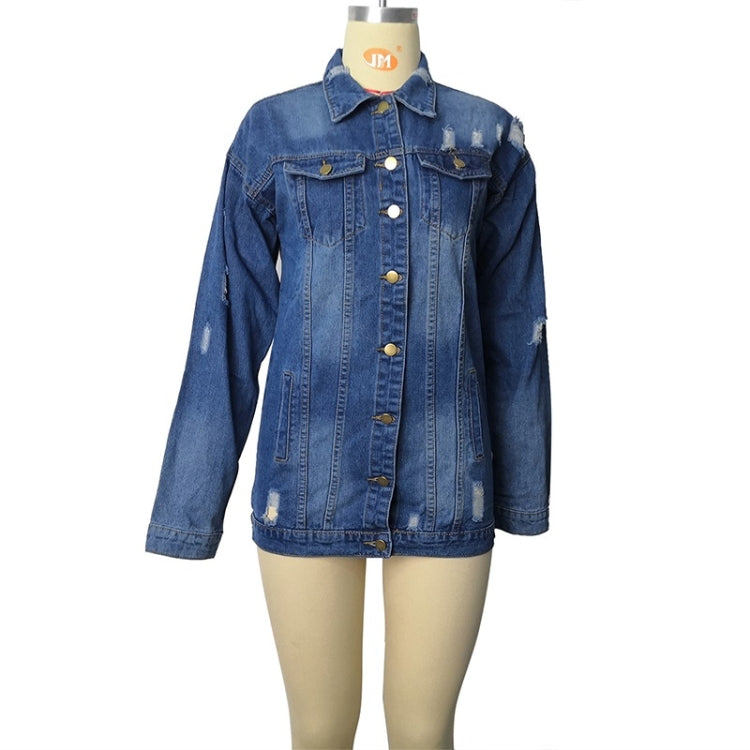 Women Plus Size Mid-length Ripped Denim Trench Coat